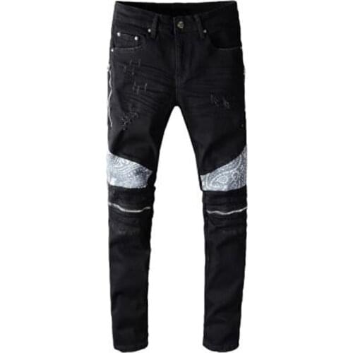 New Mens male black paisley printed patchwork denim biker jeans Streetwear slim skinny zippers stretch pants trousers 642