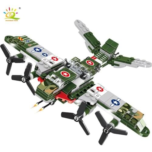 HUIQIBAO 423Pcs WW2 Attack Bomber Military Model Building Blocks Boys DIY City Fighter Weapons Figures Bricks Toys for Children