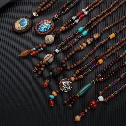 Vintage Ethnic Style Feather Pattern Mala Wood Bead Pendant Statement Nepal Necklace Boho Women Men Jewelry 88cm