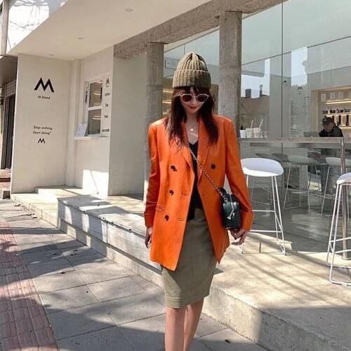 Females Spring Coat And Autumn Regular Length Vegetable Tanned Sheepskin Genuine Leather Jacket Double Breasted FN1931