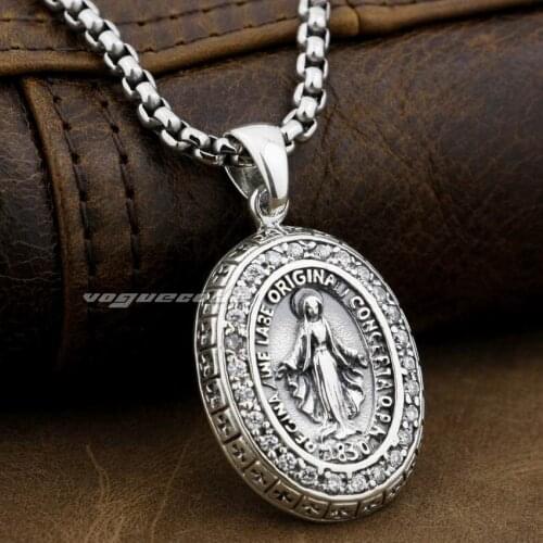 LINSION Virgin Mary JESUS Cross 925 Sterling Silver White CZ Stones Charms Pendant 8A004