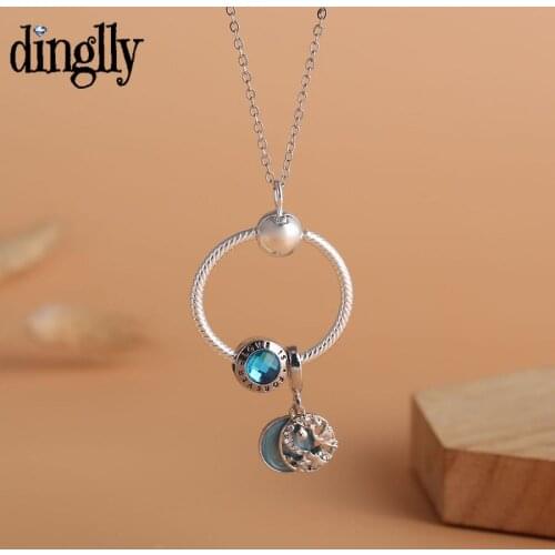 Dinglly Fashion Blue Water Drop Pendant Necklace Crystal Beads Round Charm Necklace Women Men Original Party Jewelry Gifts