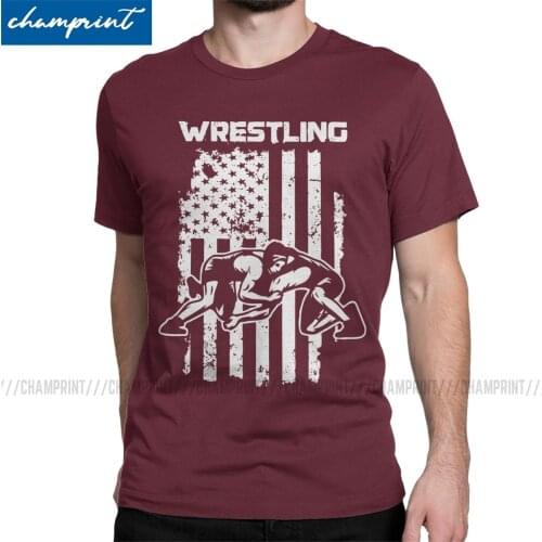 Mens T-Shirts Wrestling Flag USA Wrestle Wrestler Fighter Combat Contact Sports Awesome Cotton Tee Shirt Short Sleeve T Shirt