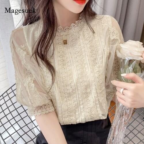 New Stand Collar Casual Beautiful Shirts 2021 Summer Women Tops Sweet White Lace Blouse Short Lantern Sleeve Shirt Clothes 14414