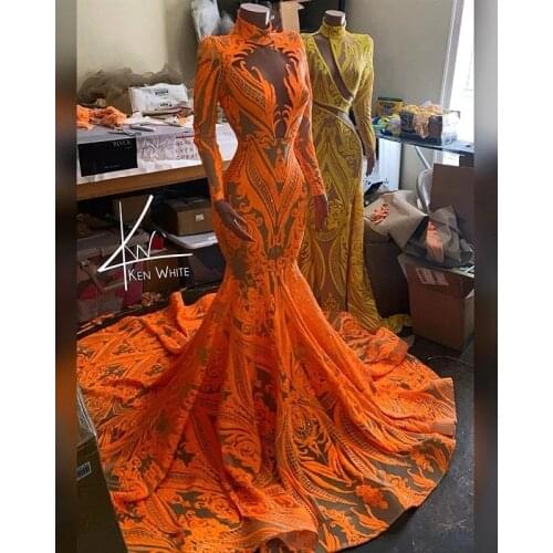 Orange Sequins Applique Evening Pageant Dresses with Long Sleeve 2021 Luxury Vestidos de fiesta de noche Mermaid Prom Gowns