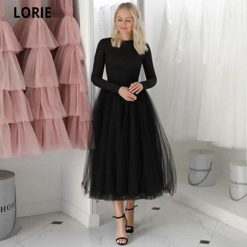 LORIE Simple Modest Black Tulle Evening Party Dresses Long Sleeves Prom Gowns O Neck Tea Length Formal Dress Plus Size 2021