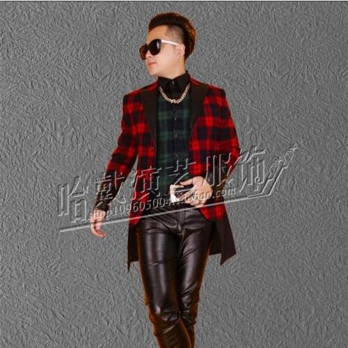 S-5xl New Mens Plaid Stitching Suit Performance Bar Nightclub Singer Host Dj Studio Plaid Blazers Coat Plus Size Stage Costumes