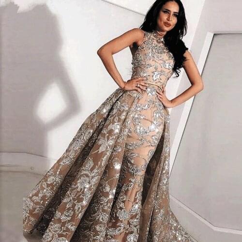 SuperKimJo Detachable Train Evening Dresses 2020 Sequin Applique Sparkle Champagne Evening Gown Robe De Soiree