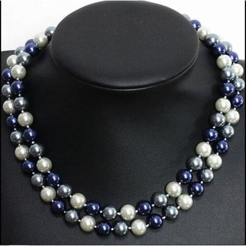 Woman classic 2 rows jewelry 8mm 10mm 12mm white gray blue round bead Natural SOUTH SEA SHELL PEARL NECKLACE 18'' 45cm