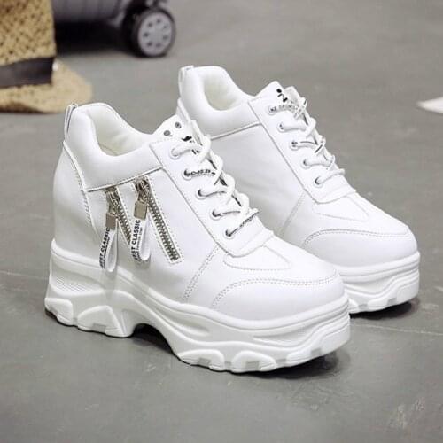 Platform Women Shoes 2019 New Fashion Dad Shoes Spring Female Casual Sneakers Wedge High Heel Beige/White Sneakers Zipper