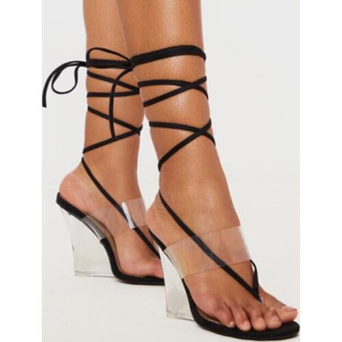 ZA 2021 Summer New Transparent One Word With Fashion Square Toe High Heels Sexy Wedges Crystal Muller Sandals And Slippers Women
