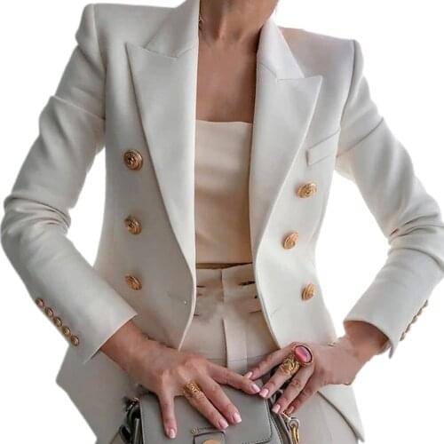 Women Autumn Vintage Blazer Jacket Double Breasted Solid Color Slim Fit Coat Notched Lapel Collar Pocket Long Sleeve Office Tops