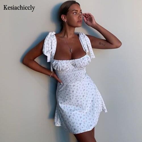 Kesiachiccly Ruched White Printed Dress Backless Zipper Sexy Women Spaghetti Strap Mini Dress Summer Night Party Bodycon Dress