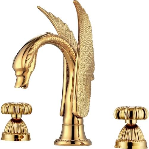 Free ship gold Finish 3 Holes 8" widespread bathroom lavatory swan sink mixer faucet Ring handles deck mounted Luxury tap