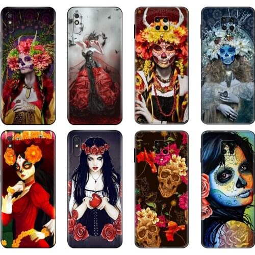 Black tpu Case For Xiaomi Redmi 7A 8 8A 9 9A 9C Case Redmi Note 8T 8Pro Note9 9S 9Pro Case Catrina rose girl Skull Art Perfect