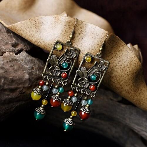 Palace Aventurine Quartz New Original handmade stone copper alloy dangle earrings ,New Ethnic jewelry humble vintage earrings