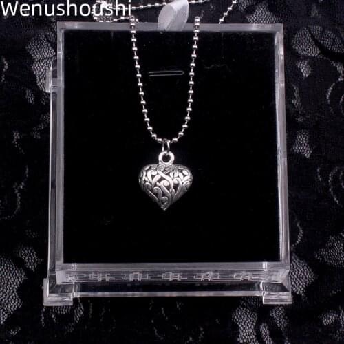 WENUSHOUSHI double side flowers carved heart pendant necklaces for women men vintage jewelry stainless steel beads chain di045