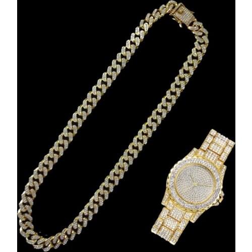 2pcs Kit Hip Hop Iced Out Paved Rhinestones 12MM Full Miami Cuban Chain CZ Rapper Necklace+Watch Bracelet For Men Women Jewelry