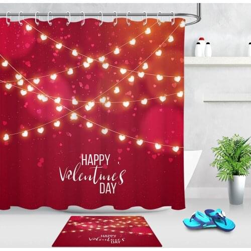Heart-shaped Lamp Pattern Red Waterproof Fabric Bathroom Shower Curtain Home Bedroom Valentines Day Wedding Party Decoration
