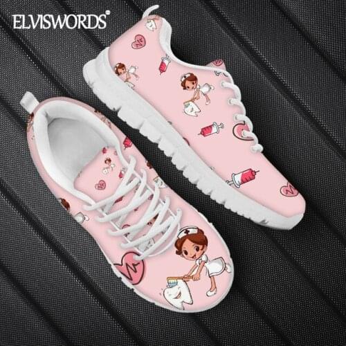 ELVISWORDS Pink Cartoon Nurse Design Comfortable Womens Lace-up Sneaker Flats Leisure Females Flat-Shoes Hiking Sports Shoes