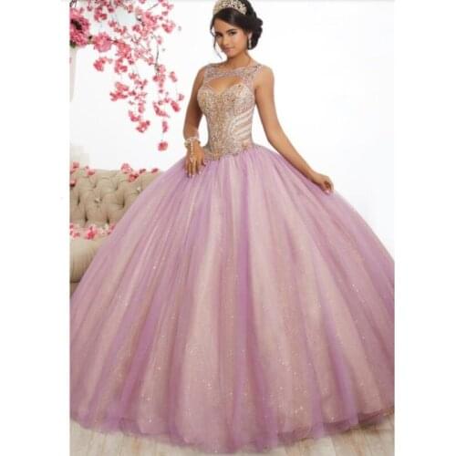 Lilac Cheap Quinceanera Dresses Ball Gown Sweetheart Tulle Beaded Crystals Puffy Sweet 16 Dresses