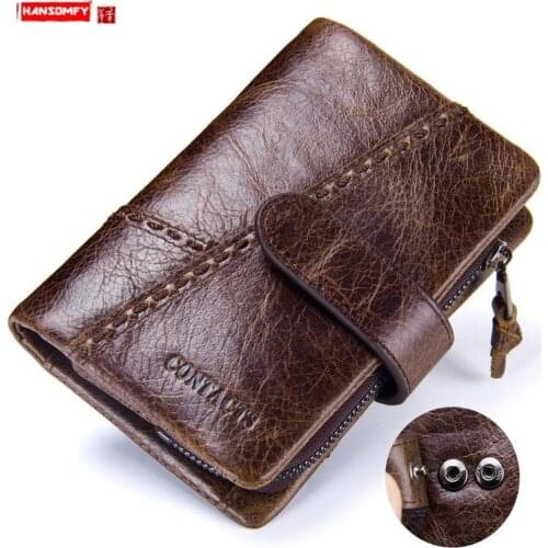 New First Layer Cowhide Mens Wallet, Soft Leather Retro Card Holder Short Buckle Wallets Small Coin Purses