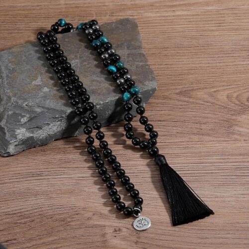 Black Onyx & Blue Tiger Eye Handmade Beaded Knot Natural Stone 108 Mala Necklace Men and Women Praying Charm Fashion Jewelry