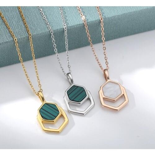 Opal Stainless Steel Necklace For Women Minimalist Hexagonal Simple Geometric Necklace Reiki Everyday Wear Jewelry Gift Bijoux