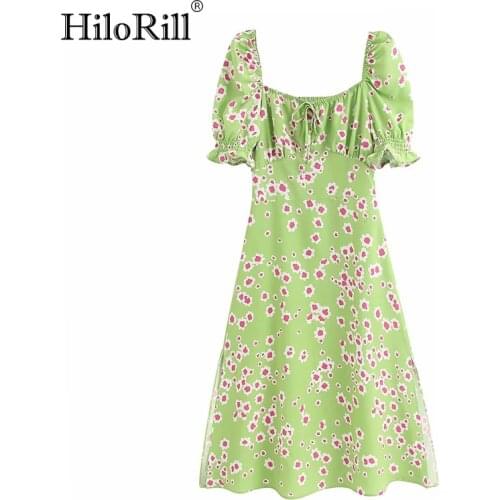 HiloRill Floral Print Midi Dress Butterfly Short Sleeve Lady Vintage Dresses Bow Tie Split Beach Dress For Women Ropa De Mujer