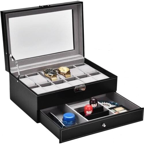 Luxury 12 Grids Slots Dual Layers Watch Display Storage Case Box Dust-proof Wood PU Leather Jewelry Watch Organizer Box Holder