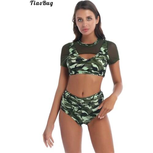 TiaoBug Women Camouflage Pattern Mesh Patchwork Sport Yoga Suit Tracksuit O-Neck Short Sleeve Crop Top With Briefs Fitness Sets