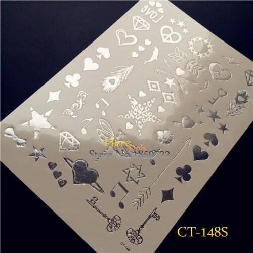 1PC Small Cute Pattern Silver Metallic Finger Tattoo Spade Heart Diamond Club H148S Key Melody Design Temporary Tattoo Dragonfly