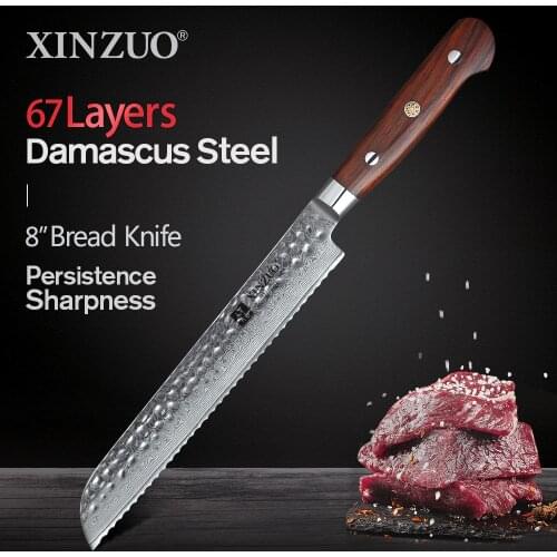 XINZUO 8 inch Serrated Kitchen Knife Damascus 62 Hrc Stainless Steel Blade Kitchen Knives Brand Bread Cheese Cake Bread Knife