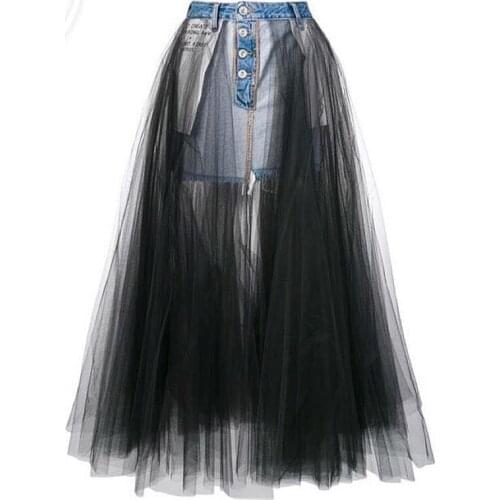 Patchwork Mesh Denim Maxi Skirts Women Summer 2020 Fashion Casual High Waist Ladies Streetwear Long Skirt Retro Jeans