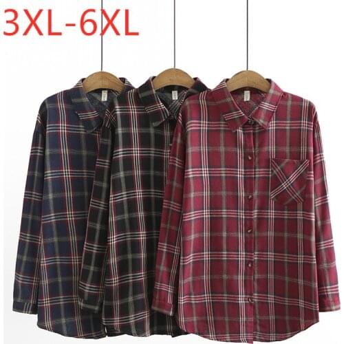 New Ladies Autumn Winter Plus Size Tops For Women Large Long Sleeve Loose Casual Red Plaid Pocket Cotton Shirt 3XL 4XL 5XL 6XL