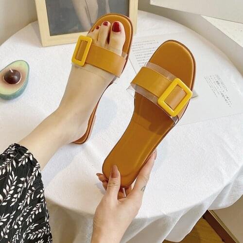 2021One-word sandals and slippers female 2021 summer new one-word transparent square buckle outer wear flat casual beach sandals