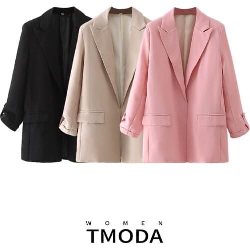 TMODA1417 Za 2021 Women Trendiest Casual Ruched Sleeve Blazer Jacket Clothing Black Long Sleeves Loose None Button Coat Tops