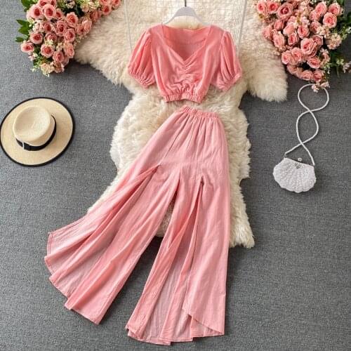 Fashion Suit 2021 Summer New Women Short Sleeve Shirt Top And Split Wide Leg Pants Fashion Ladies Solid Causal Two Piece Set