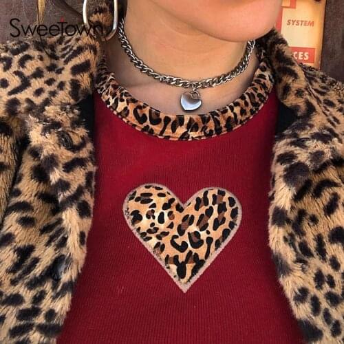 Sweetown Summer 2021 Y2K Aesthetic Crop Top Short Sleeve Vintage 90s Woman Tshirts Leopard Heart Patches Cute Kawaii Clothes