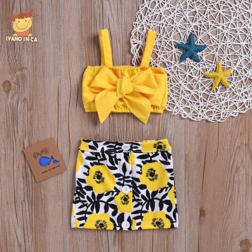 2pcs/Set Baby Clothes Newborn Baby Girl Clothes Cute Big Bow Vest Tops Flower Skirt Yellow Summer Beach Streetwear 2020 New