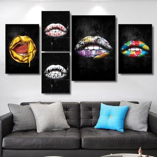 Gold Lips Mouth Sexy Woman Wall Paintings Posters and Prints for Living Room Interior Decoration On Canvas Print Art Pictures