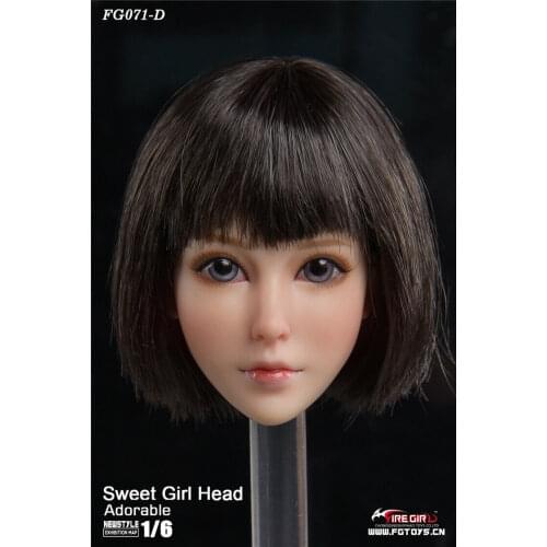1:6 Female Women Sweet Girl Head Carved Black Short Hair Model For 12'' Action Female Figure Body