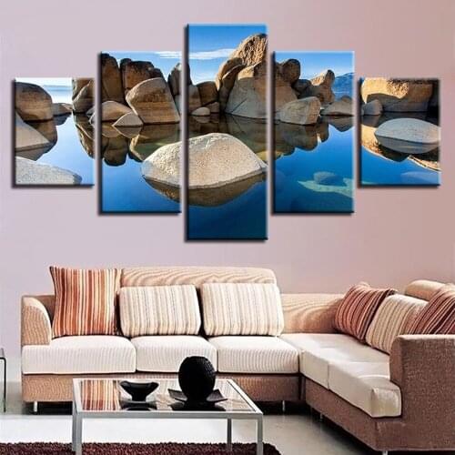 5 Pieces Wall Art Canvas Painting Blue Sky White Cloud Landscape Poster Living Room Modern Home Decoration Pictures Framework