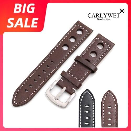 CARLYWET 22mm TOP Luxury Real Calf Leather Brown with White Wrist Watch Band Strap Clasp For Tissot Breilting IWC Seiko Tudor