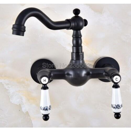 Black Oil Rubbed Brass Kitchen Sink Faucet Wall Mounted Double Handle Bathroom Basin Cold And Hot Mixer Tap lnf859