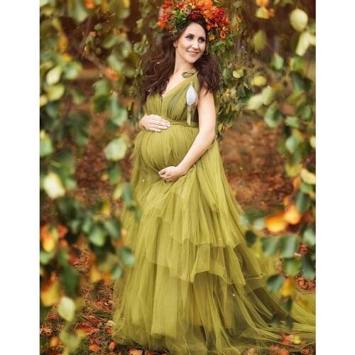 Green Maternity Dresses For Babyshower Tulle Ruffled Pretty Maternity Gown Photography Outfit Pregnancy Women Long Dress