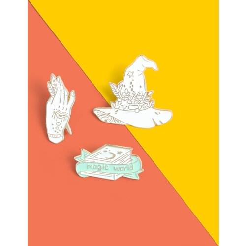 Feather Book Hand Hat Brooches Enamel Pin White Punk Witch Backpack Lapel Pin Goth Metal Badge Jewelry Gift for Women Wholesale