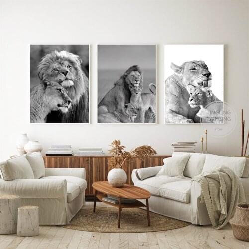 African Wild Lions Family Wall Art Posters and Prints Black and White Animals Canvas Paintings Living Room Bedroom Decor Cuadro