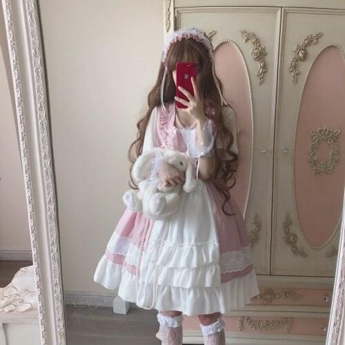 Strawberry Au Lait Sweet Womens Lolita OP Dress Long Sleeve Short Sleeve Dress Cute Chiffon Princess Dress One Piece Loli Pink