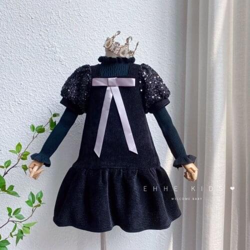 Girls sets 2021 fall winter new baby girl sweater and sequin puff sleeve dress 2pcs outfits